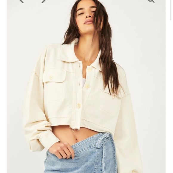 Free People Tops - Free People Saturday Shirt Jacket Cropped Button Up Front Pockets Ivory White